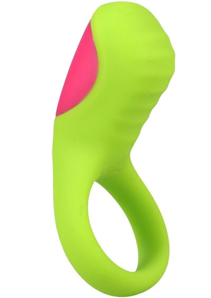 Mood Play Vibrating Rechargeable Silicone Cock Ring - Green/Pink