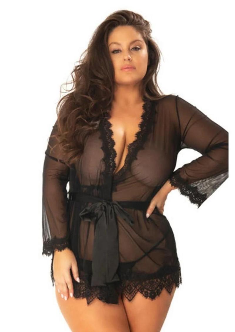 Oh LA LA Provence Short Sheer Robe - Black - 3XLarge/4XLarge
