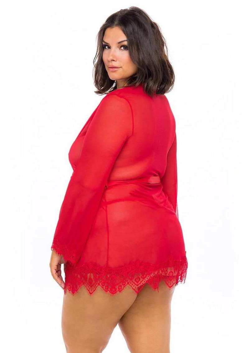 Oh LA LA Provence Short Sheer Robe - Red - 3XLarge/4XLarge