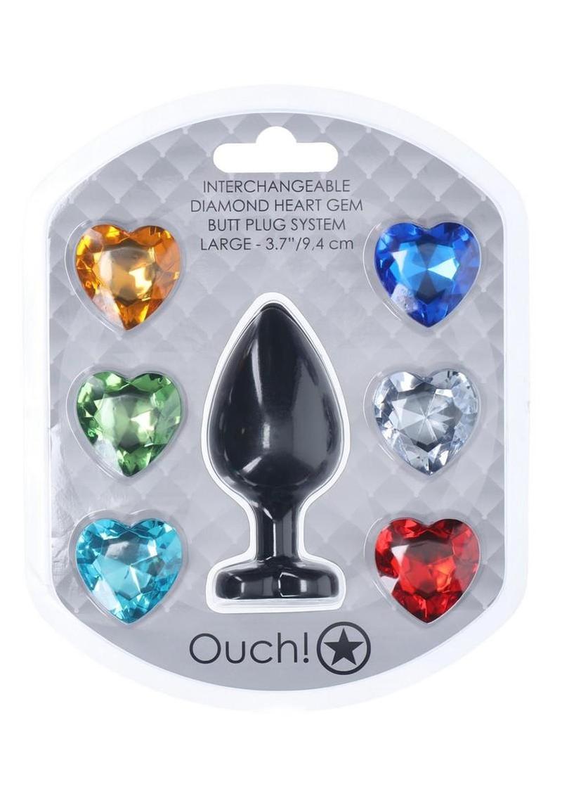 Ouch! Heart Diamond Silicone Butt Plug - Black - Large