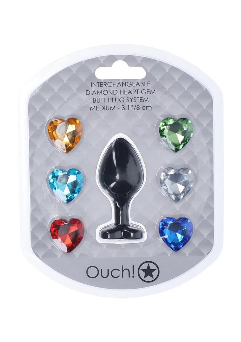 Ouch! Heart Diamond Silicone Butt Plug - Black - Medium