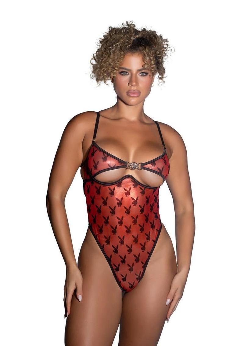 Playboy Shimmer Bunny Teddy - Black/Red - Small