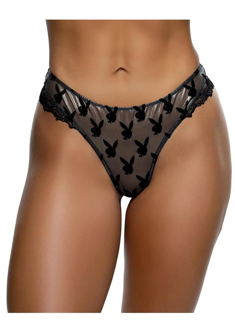 Playboy Shimmer Bunny Thong - Black - Medium/Small