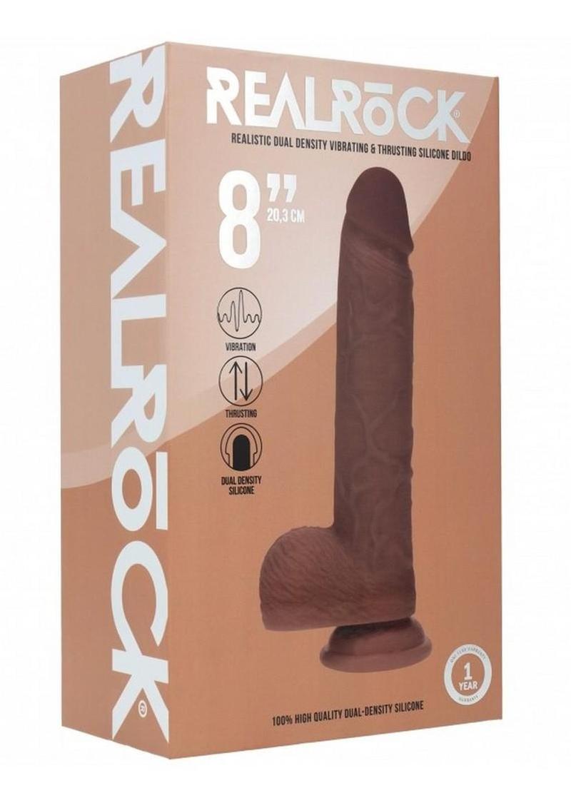 Realrock Dual Layered Silicone Realistic Vibrating Thrusting Dildo with Balls and Suction Cup - Chocolate - 9in