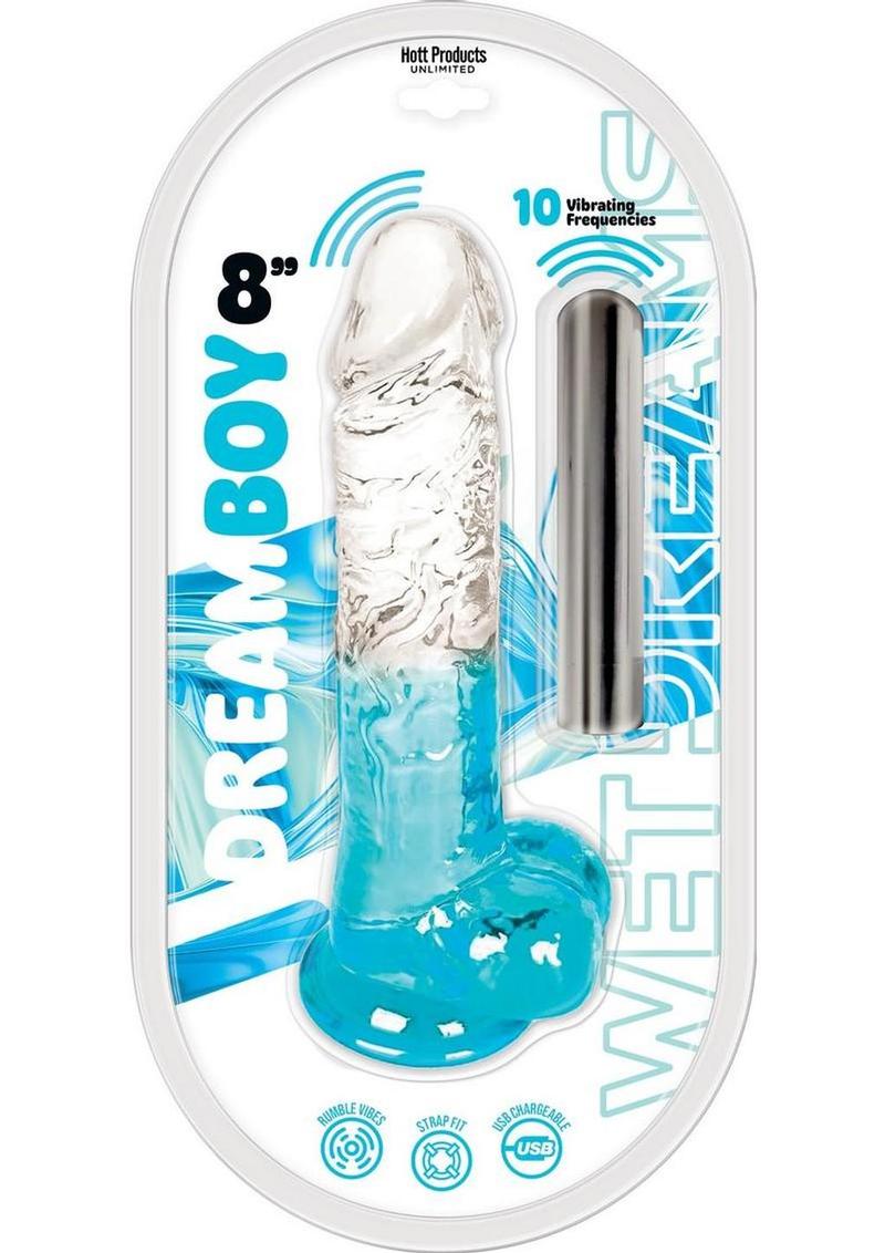 Wet Dreams Dream Boy Jelly Vibrating Dildo - Aqua/Clear/Teal - 8in