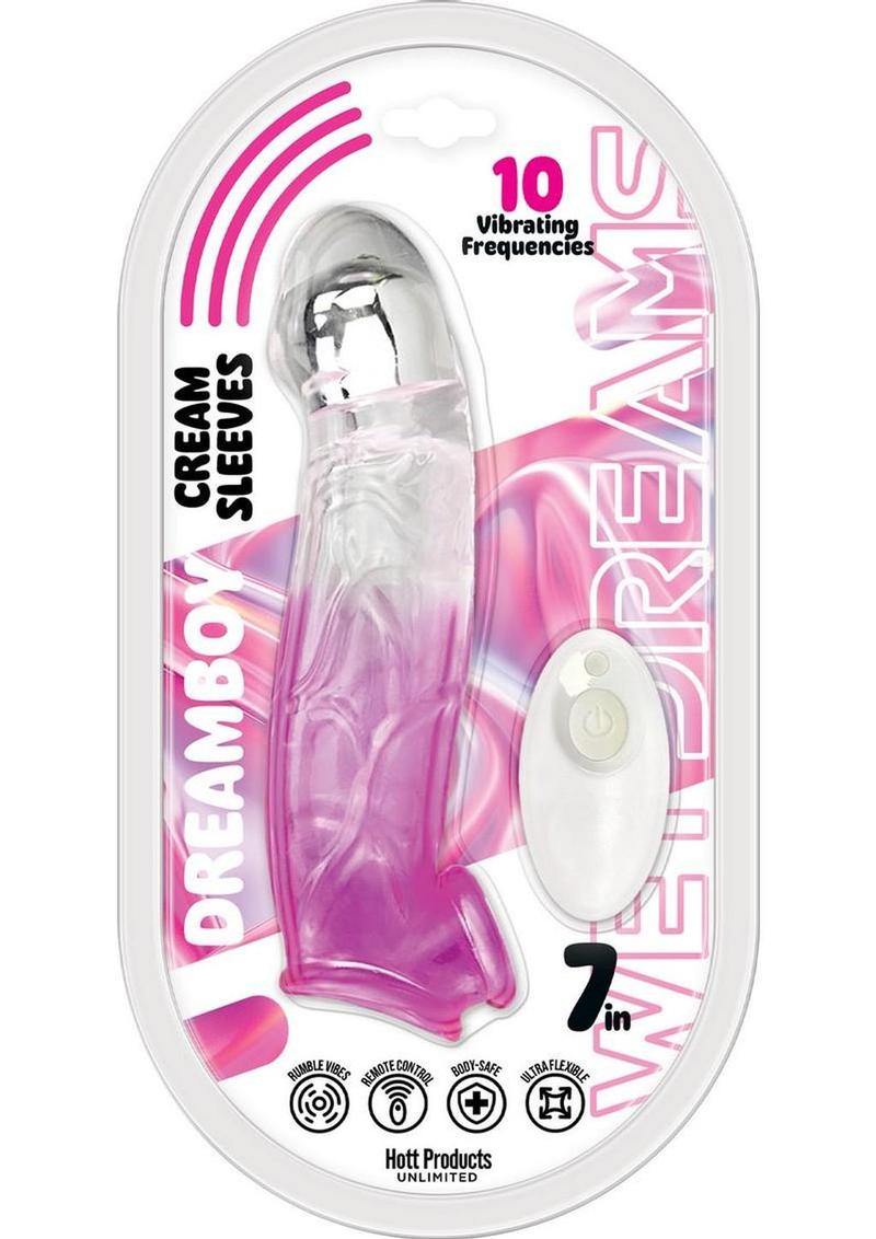 Wet Dreams Dreamboy Cream Sleeves Rechargeable Silicone Vibrating Penis Sleeve - Clear/Magenta - 7in