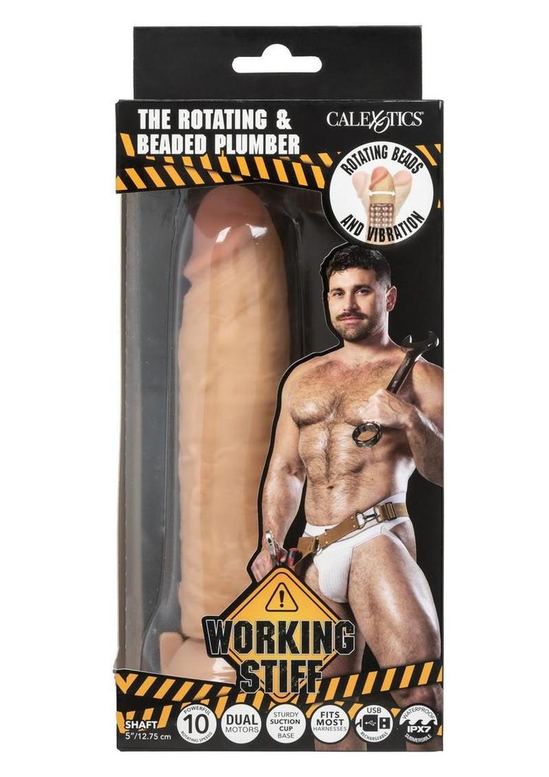 Working Stiff Rotating and Beaded Plumber Rechargeable Vibrating Dildo - Vanilla