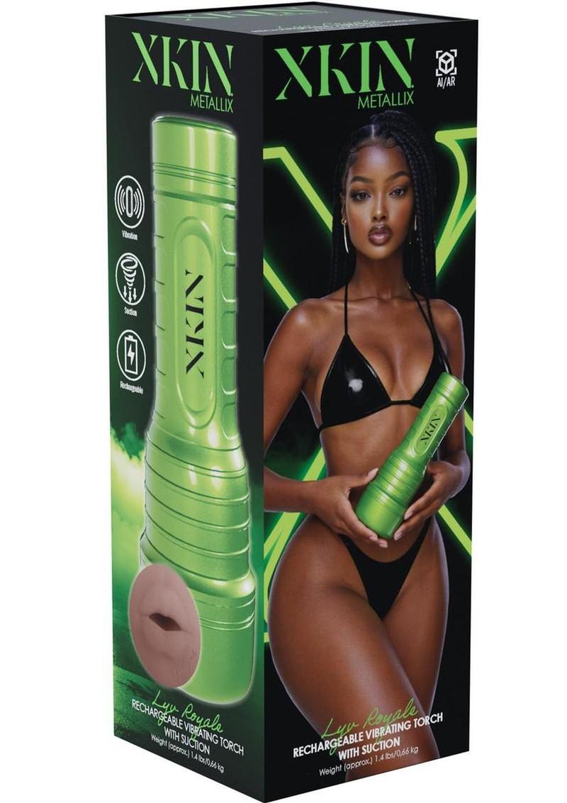 Xkin Lyv Royal Rechargeable Vibrating Torch Masturbator - Female Mouth - Metallic - Caramel/Green